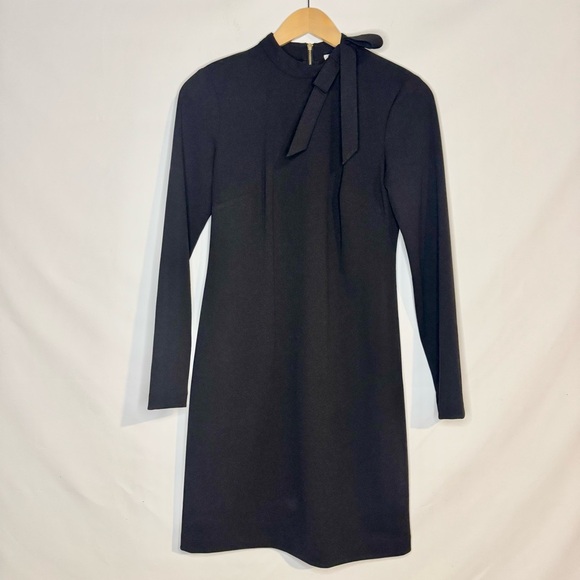 Calvin Klein Black Long Sleeve High Neck Shift Dress with Faux Tie at Neck Sz 4 - Picture 3 of 10